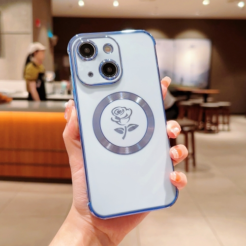 

For iPhone 15 Plus Electroplate Side Roses Flower MagSafe Phone Case(Blue)