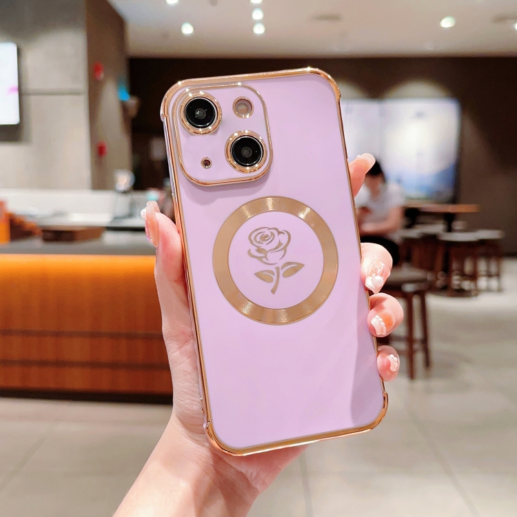 

For iPhone 15 Electroplate Side Roses Flower MagSafe Phone Case(Purple)