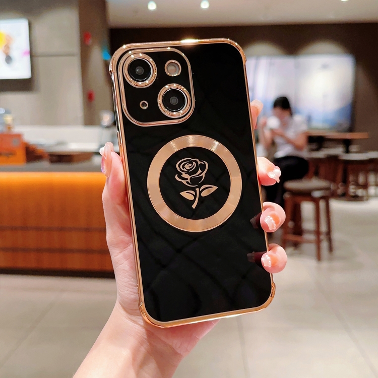

For iPhone 15 Electroplate Side Roses Flower MagSafe Phone Case(Black)