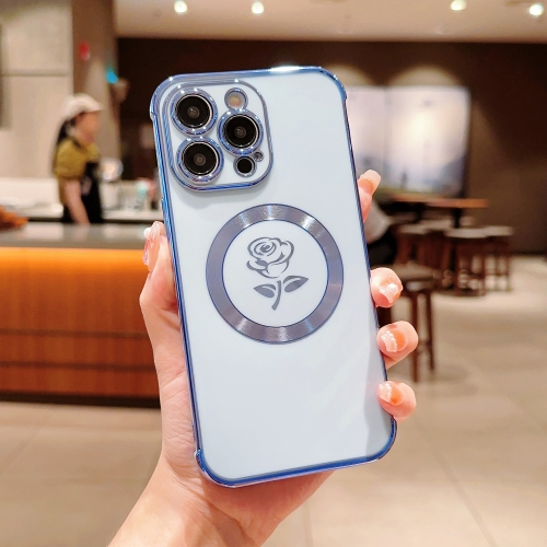 

For iPhone 14 Pro Max Electroplate Side Roses Flower MagSafe Phone Case(Blue)