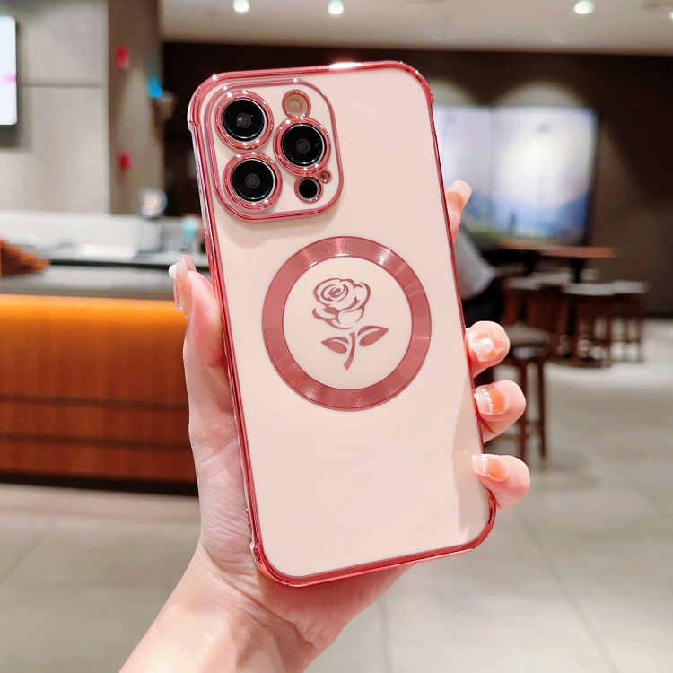 

For iPhone 13 Pro Electroplate Side Roses Flower MagSafe Phone Case(Pink)