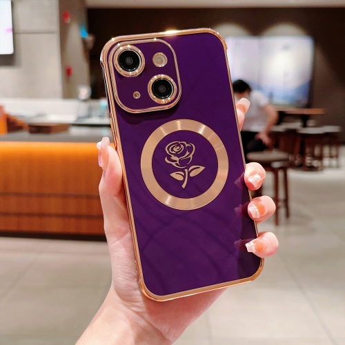 

For iPhone 13 Electroplate Side Roses Flower MagSafe Phone Case(Dark Purple)