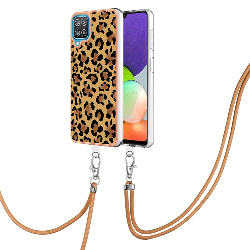 

For Samsung Galaxy A12 Electroplating Dual-side IMD Phone Case with Lanyard(Leopard Print)