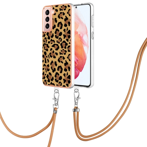 

For Samsung Galaxy S21 5G Electroplating Dual-side IMD Phone Case with Lanyard(Leopard Print)