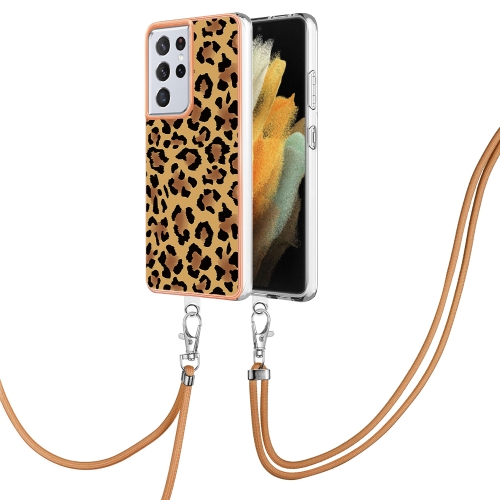 

For Samsung Galaxy S21 Ultra 5G Electroplating Dual-side IMD Phone Case with Lanyard(Leopard Print)