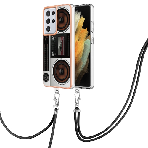 

For Samsung Galaxy S21 Ultra 5G Electroplating Dual-side IMD Phone Case with Lanyard(Retro Radio)