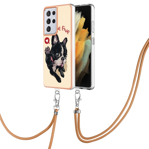 

For Samsung Galaxy S21 Ultra 5G Electroplating Dual-side IMD Phone Case with Lanyard(Lucky Dog)