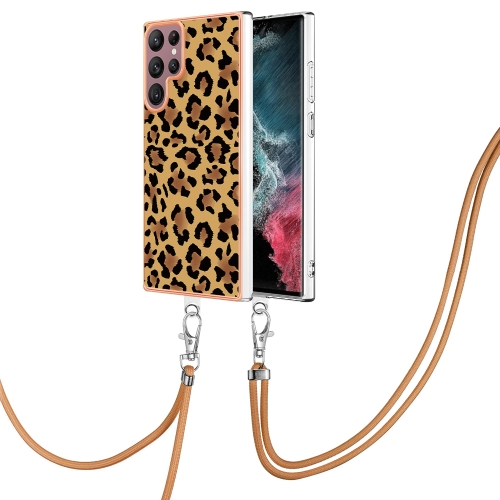 

For Samsung Galaxy S22 Ultra 5G Electroplating Dual-side IMD Phone Case with Lanyard(Leopard Print)