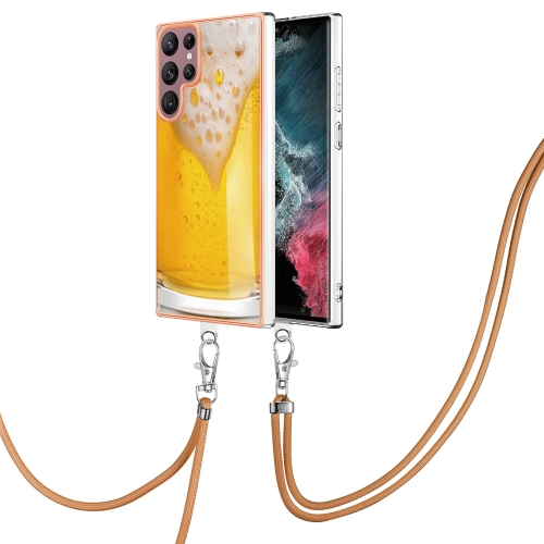 

For Samsung Galaxy S22 Ultra 5G Electroplating Dual-side IMD Phone Case with Lanyard(Draft Beer)