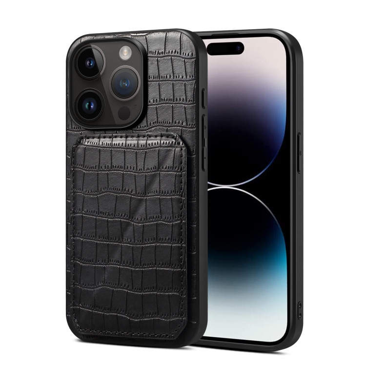 

For iPhone 15 Pro Imitation Crocodile Leather Back Phone Case with Holder(Black)