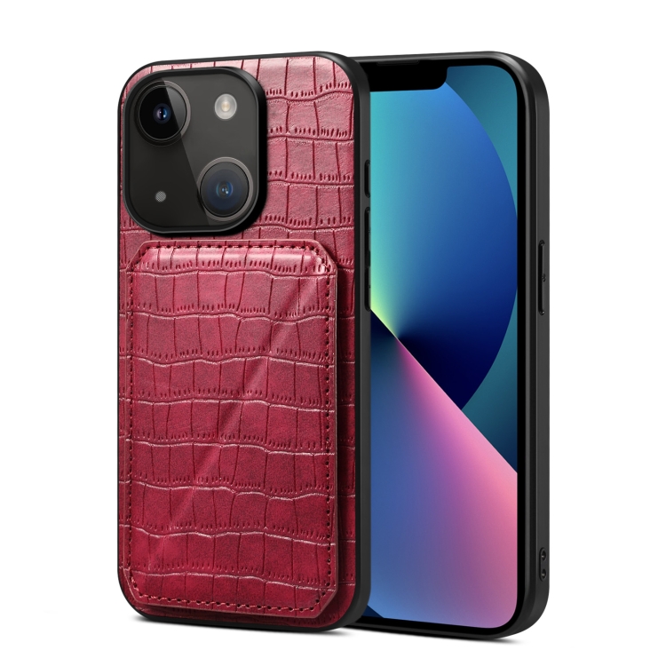 

For iPhone 13 Imitation Crocodile Leather Back Phone Case with Holder(Rose Red)