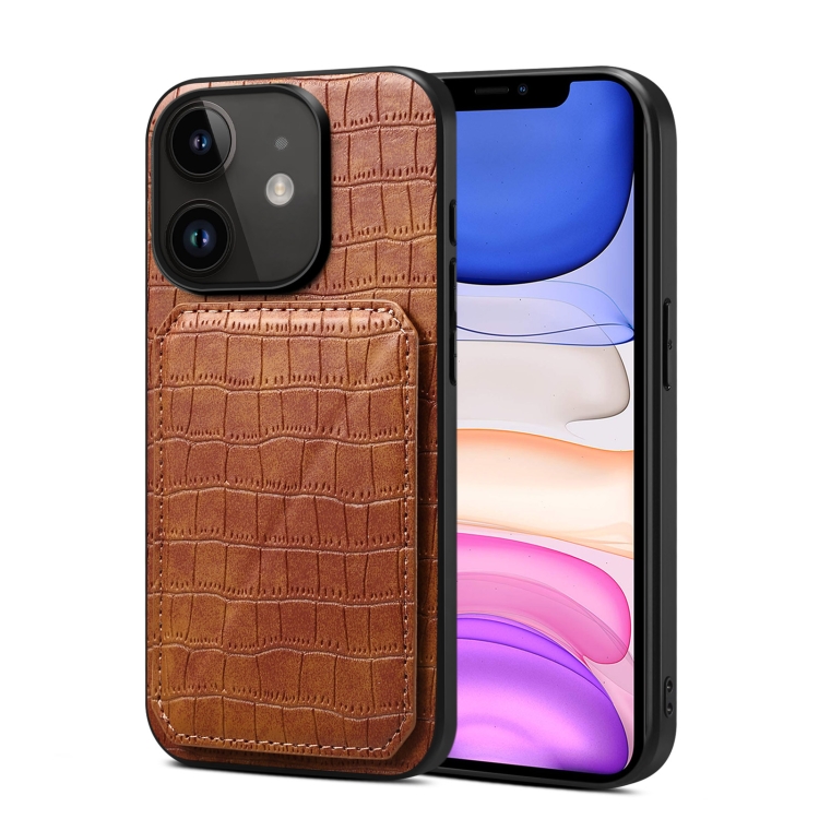

For iPhone 11 Imitation Crocodile Leather Back Phone Case with Holder(Brown)