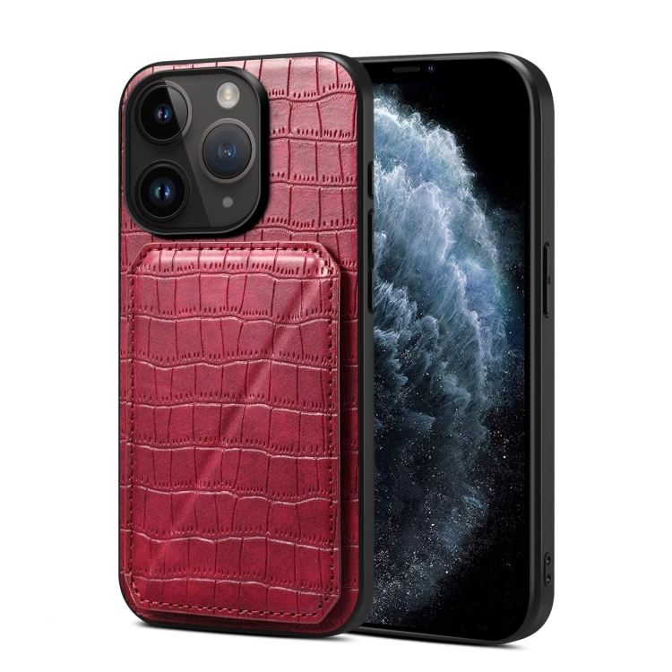 

For iPhone 11 Pro Imitation Crocodile Leather Back Phone Case with Holder(Rose Red)