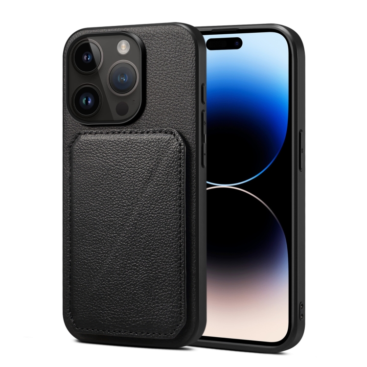 

For iPhone 15 Pro Imitation Calfskin Leather Back Phone Case with Holder(Black)
