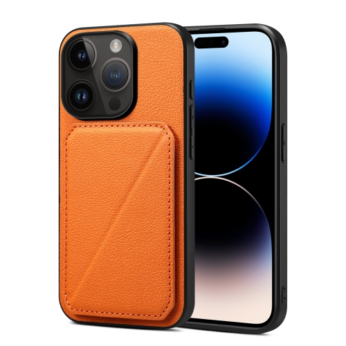 

For iPhone 15 Pro Imitation Calfskin Leather Back Phone Case with Holder(Orange)