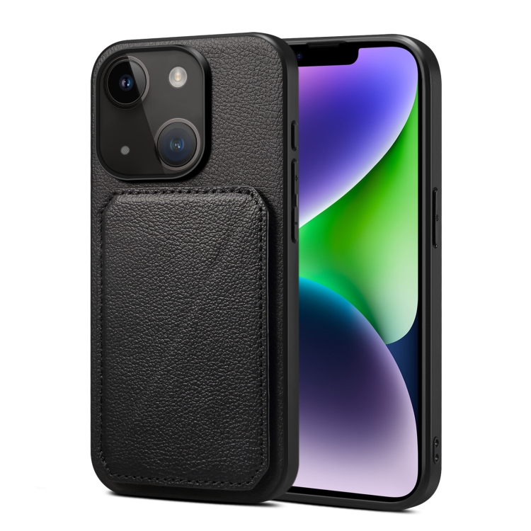 

For iPhone 15 Plus Imitation Calfskin Leather Back Phone Case with Holder(Black)