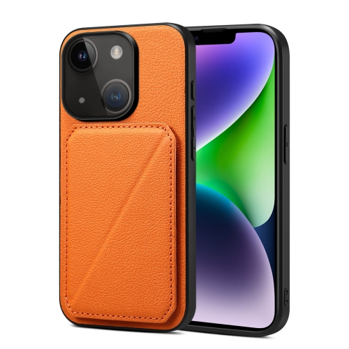 

For iPhone 15 Plus Imitation Calfskin Leather Back Phone Case with Holder(Orange)