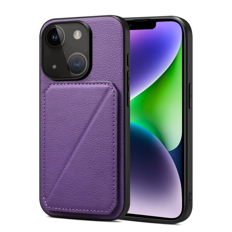 

For iPhone 15 Imitation Calfskin Leather Back Phone Case with Holder(Purple)