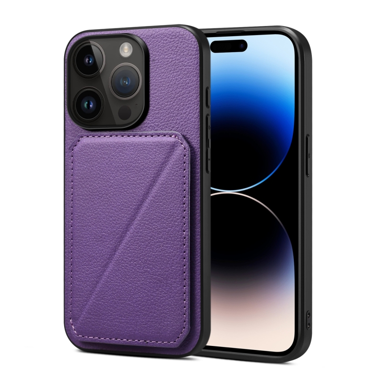 

For iPhone 14 Pro Imitation Calfskin Leather Back Phone Case with Holder(Purple)