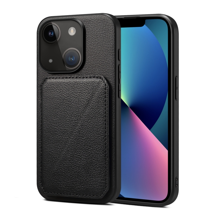 

For iPhone 13 Imitation Calfskin Leather Back Phone Case with Holder(Black)