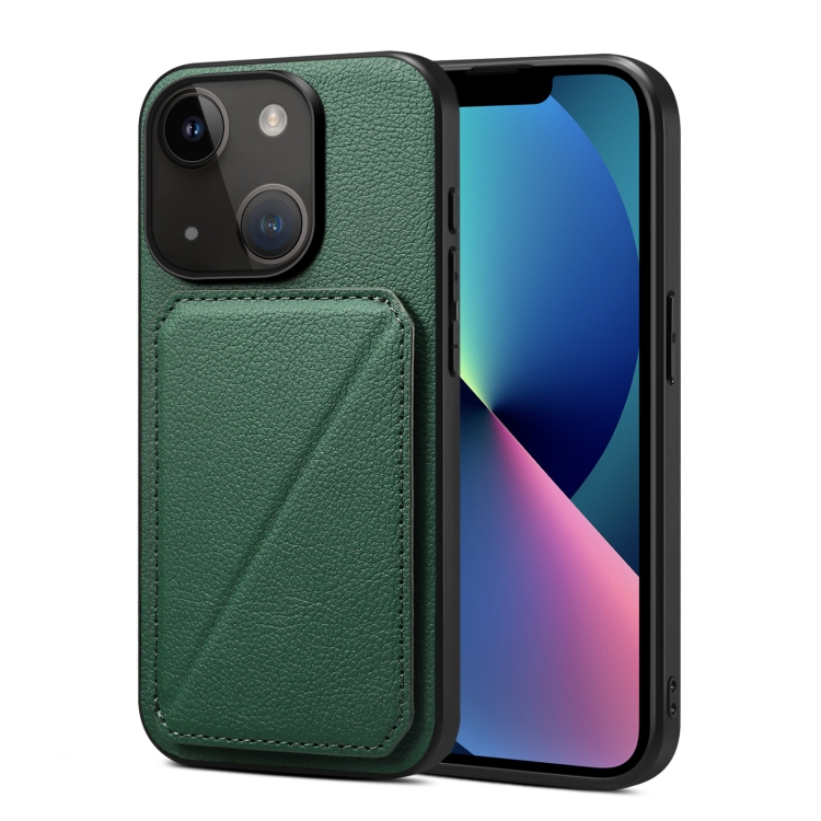 

For iPhone 13 Imitation Calfskin Leather Back Phone Case with Holder(Green)