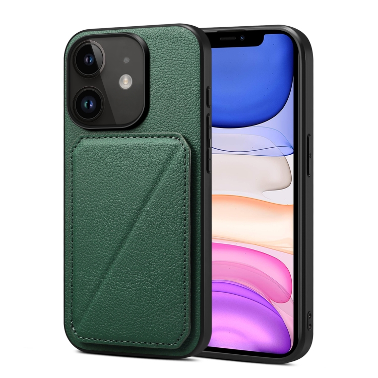 

For iPhone 11 Imitation Calfskin Leather Back Phone Case with Holder(Green)