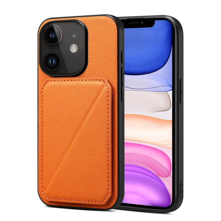 

For iPhone 11 Imitation Calfskin Leather Back Phone Case with Holder(Orange)