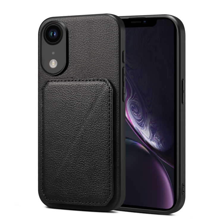 

For iPhone XR Imitation Calfskin Leather Back Phone Case with Holder(Black)