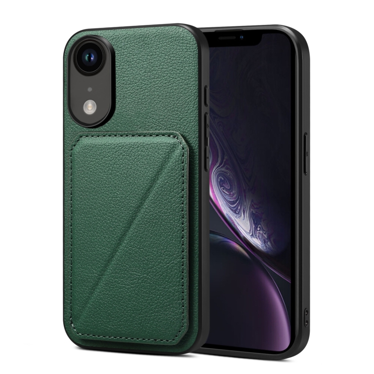 

For iPhone XR Imitation Calfskin Leather Back Phone Case with Holder(Green)