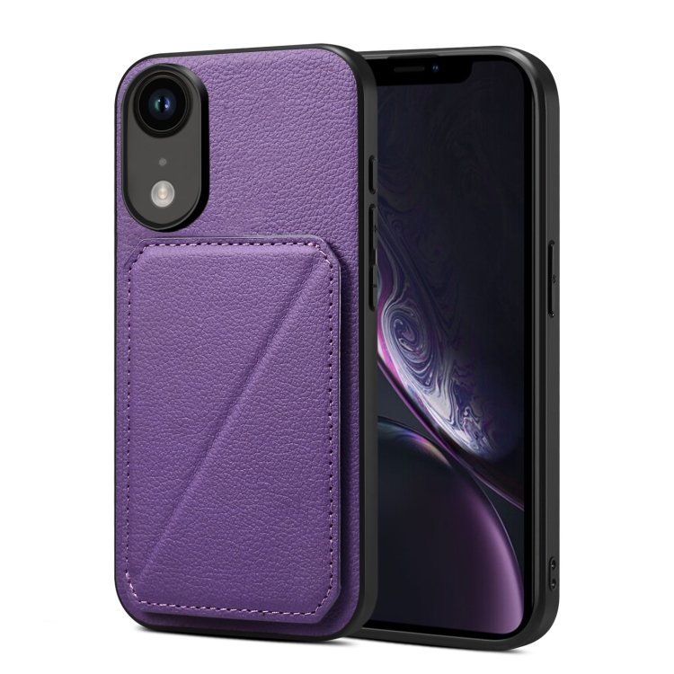 

For iPhone XR Imitation Calfskin Leather Back Phone Case with Holder(Purple)
