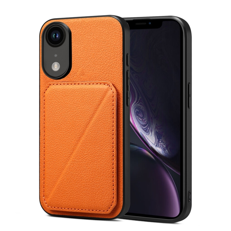 

For iPhone XR Imitation Calfskin Leather Back Phone Case with Holder(Orange)