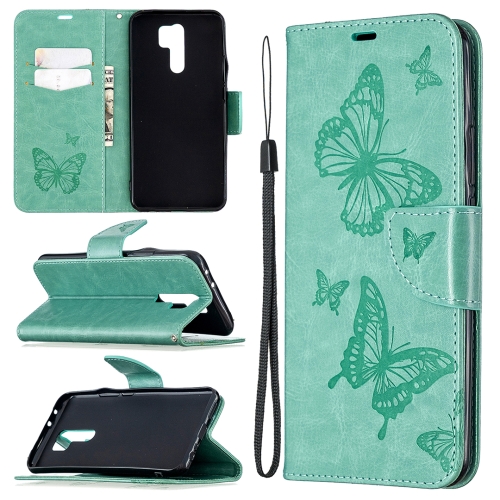

For Xiaomi Redmi 9 Two Butterflies Embossing Pattern Horizontal Flip Leather Case with Holder & Card Slot & Wallet & Lanyard(Green)