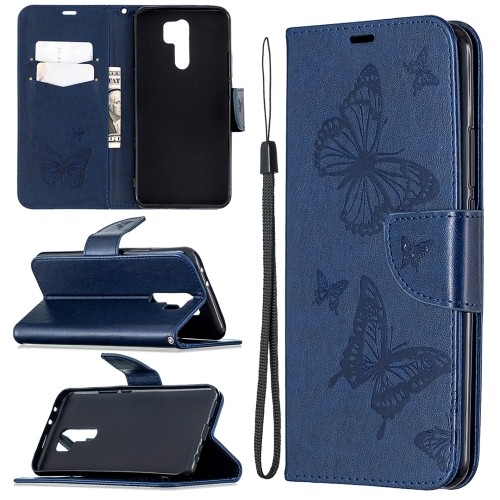 

For Xiaomi Redmi 9 Two Butterflies Embossing Pattern Horizontal Flip Leather Case with Holder & Card Slot & Wallet & Lanyard(Dark Blue)