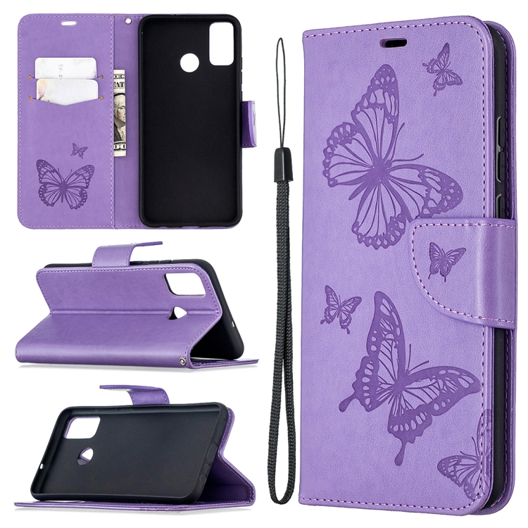

For Huawei Honor 9X Lite Two Butterflies Embossing Pattern Horizontal Flip Leather Case with Holder & Card Slot & Wallet & Lanyard(Purple)