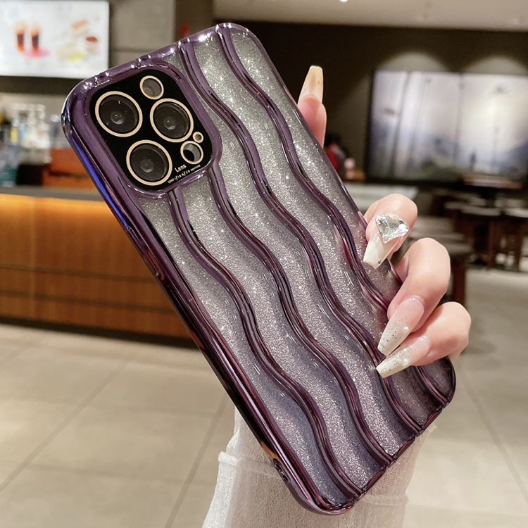 

For iPhone 15 Pro Max Wave Texture Electroplated TPU Glitter Powder Phone Case(Purple)