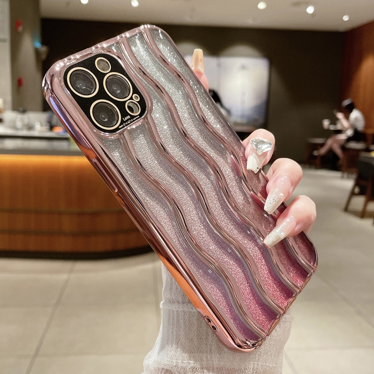 

For iPhone 15 Pro Wave Texture Electroplated TPU Glitter Powder Phone Case(Pink)