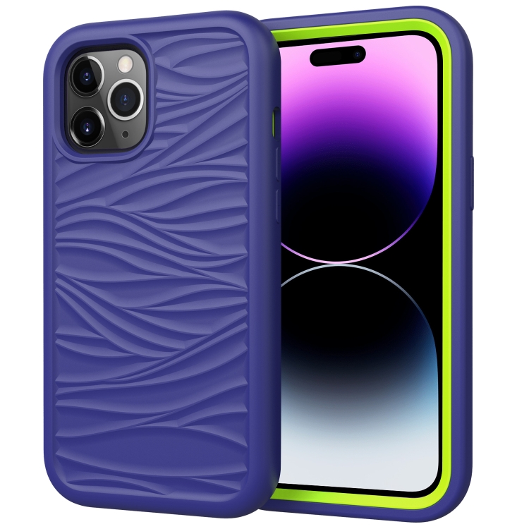 

For iPhone 15 Pro Wave Pattern 3 in 1 Silicone + PC Phone Case(Navy+Olivine)