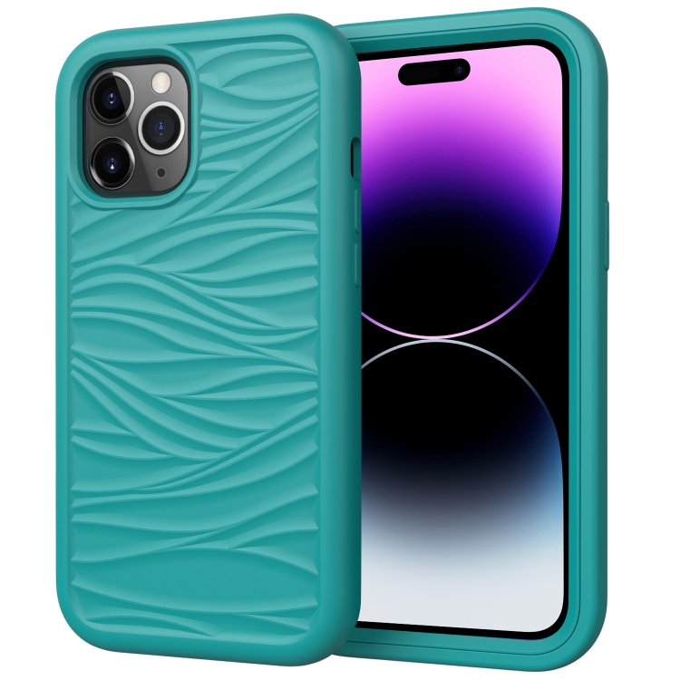 

For iPhone 15 Pro Wave Pattern 3 in 1 Silicone + PC Phone Case(Dark Sea Green)