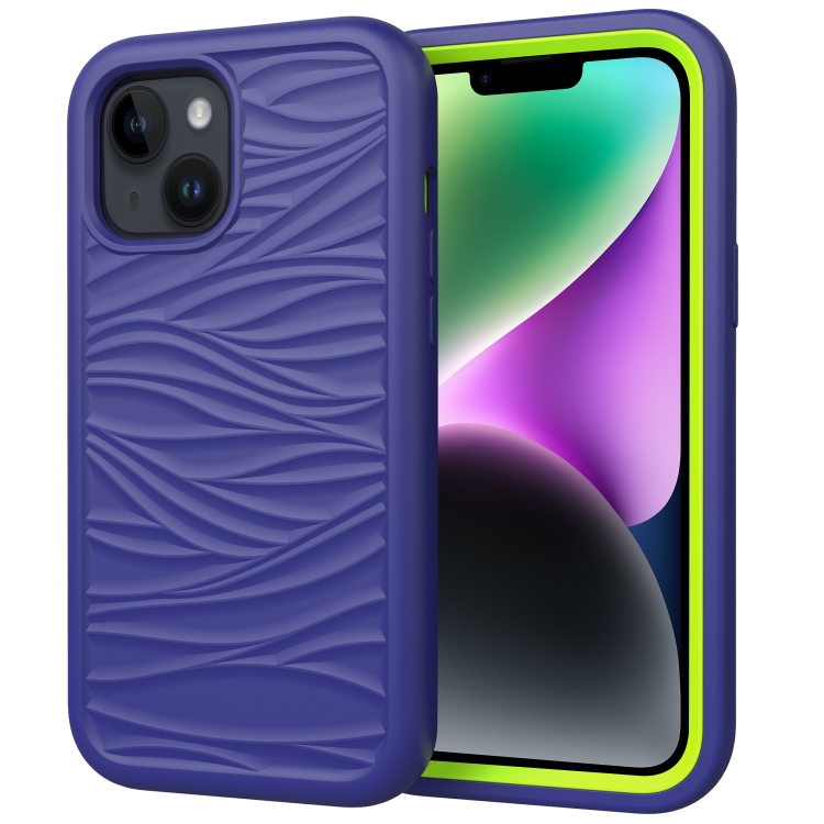 

For iPhone 15 Plus Wave Pattern 3 in 1 Silicone + PC Phone Case(Navy+Olivine)