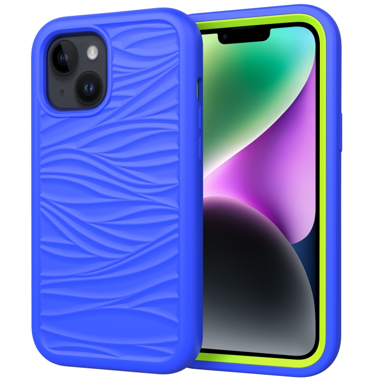 

For iPhone 15 Plus Wave Pattern 3 in 1 Silicone + PC Phone Case(Blue+Olivine)