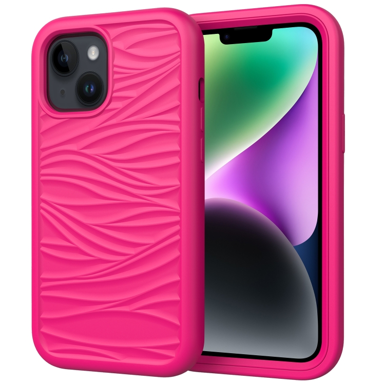 

For iPhone 15 Wave Pattern 3 in 1 Silicone + PC Phone Case(Hot Pink)