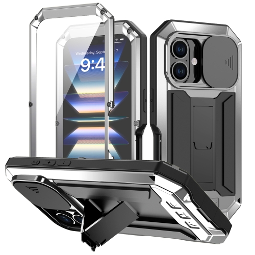 

For iPhone 16 R-JUST Sliding Camera IP54 Life Waterproof Holder Phone Case(Silver)