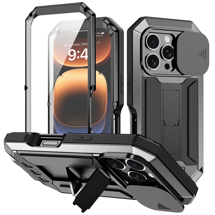 

For iPhone 16 Pro R-JUST Sliding Camera IP54 Life Waterproof Holder Phone Case(Black)