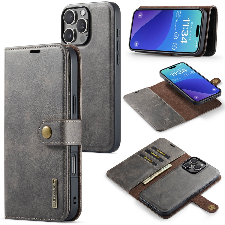 

For iPhone 16 Pro DG.MING Crazy Horse Texture Detachable Magnetic Leather Phone Case(Grey)