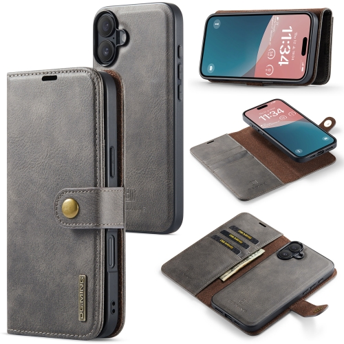 

For iPhone 16 Plus DG.MING Crazy Horse Texture Detachable Magnetic Leather Phone Case(Grey)