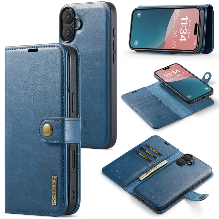 

For iPhone 16 DG.MING Crazy Horse Texture Detachable Magnetic Leather Phone Case(Blue)