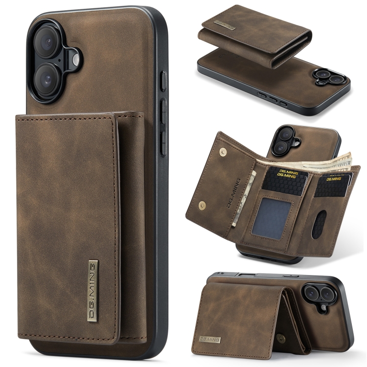 

For iPhone 16 Plus DG.MING M1 Series 3-Fold Multi Card Wallet Leather Phone Case(Coffee)