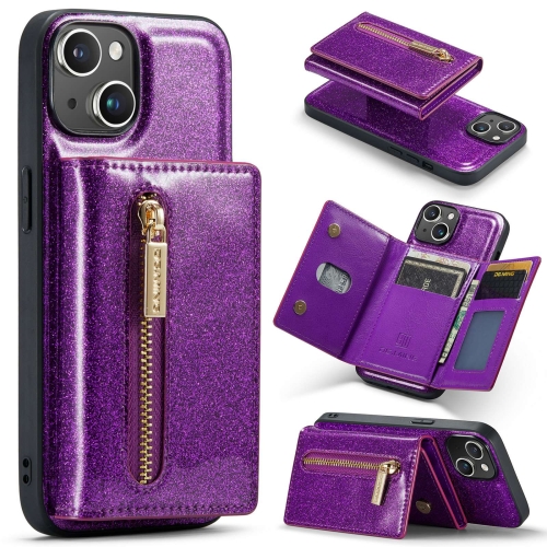 

For iPhone 15 Plus DG.MING M3 Series Glitter Powder Card Bag Leather Phone Case(Dark Purple)