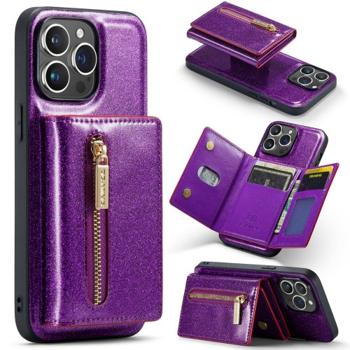 

For iPhone 15 Pro DG.MING M3 Series Glitter Powder Card Bag Leather Phone Case(Dark Purple)