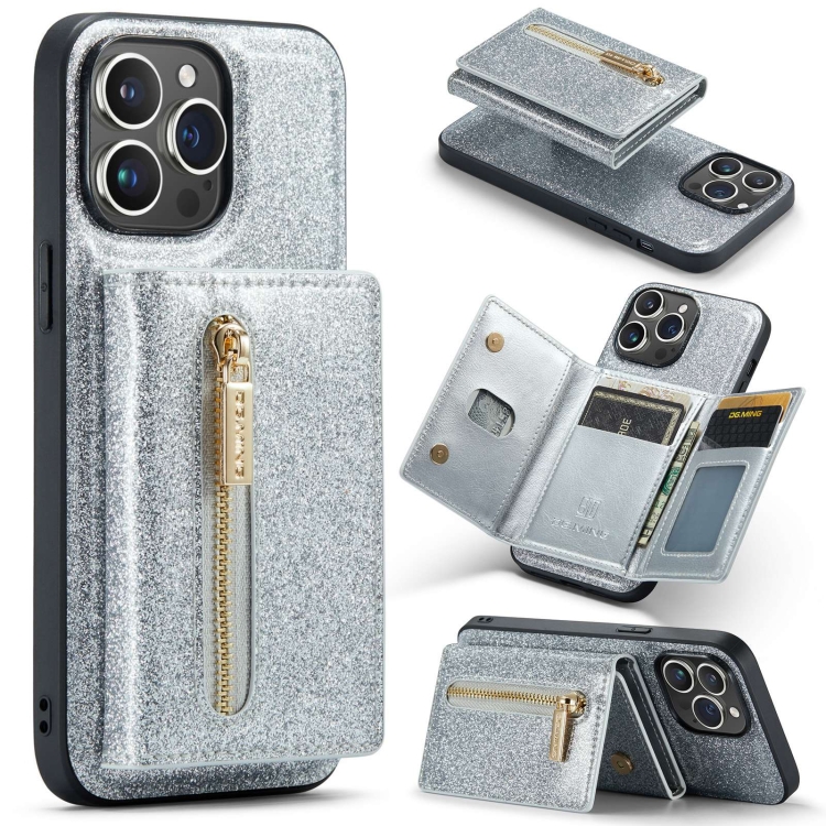 

For iPhone 15 Pro Max DG.MING M3 Series Glitter Powder Card Bag Leather Phone Case(Silver)